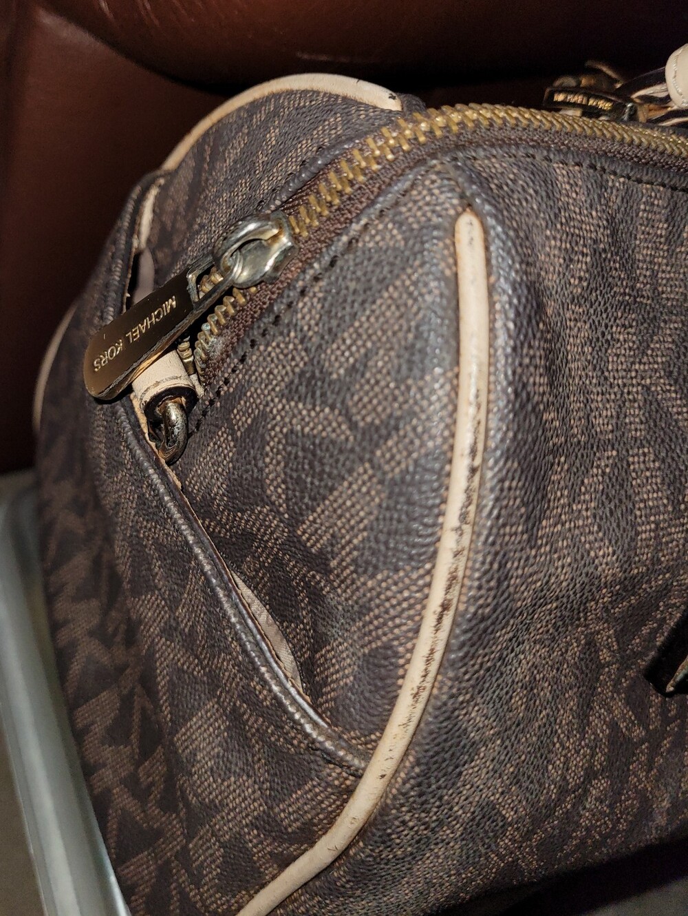 Michael Kors Brown Monogram Satchel with Cream Handles - Picture 2 of 4